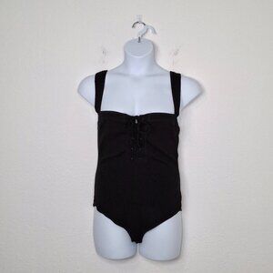 Intimately Free People Bodysuit Sz M Lace Up Minimalist Neutral Goth Lingerie